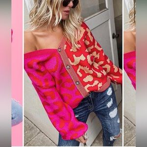 Vici two tone red and pink cheetah cardigan sweater